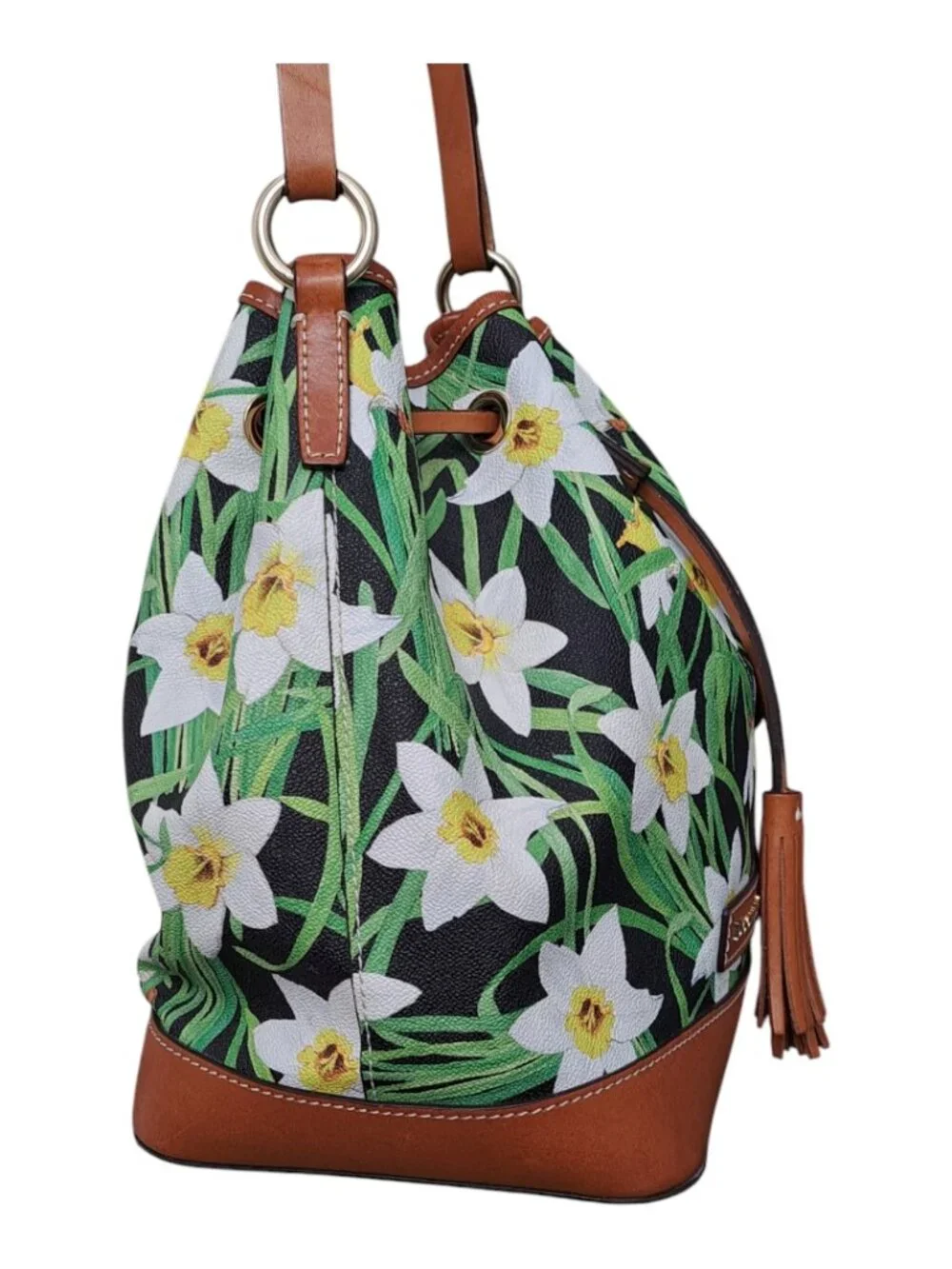 Dooney & Bourke Daffodil Tassel Drawstring Bucket Bag Purse Floral Leather Trim